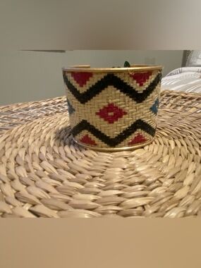 Woven Tribal Pattern Cuff Bracelet - Red, Black, Blue Artisan Boho Aztec